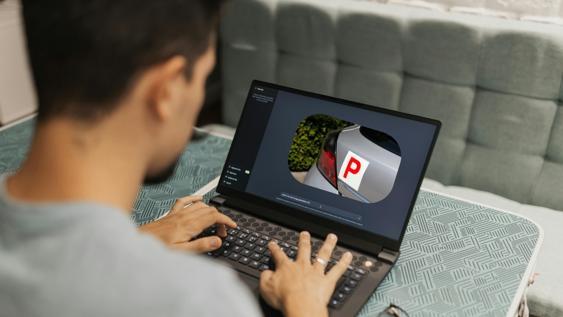 Man looking at chatgpt on computer with a p plate symbol in car